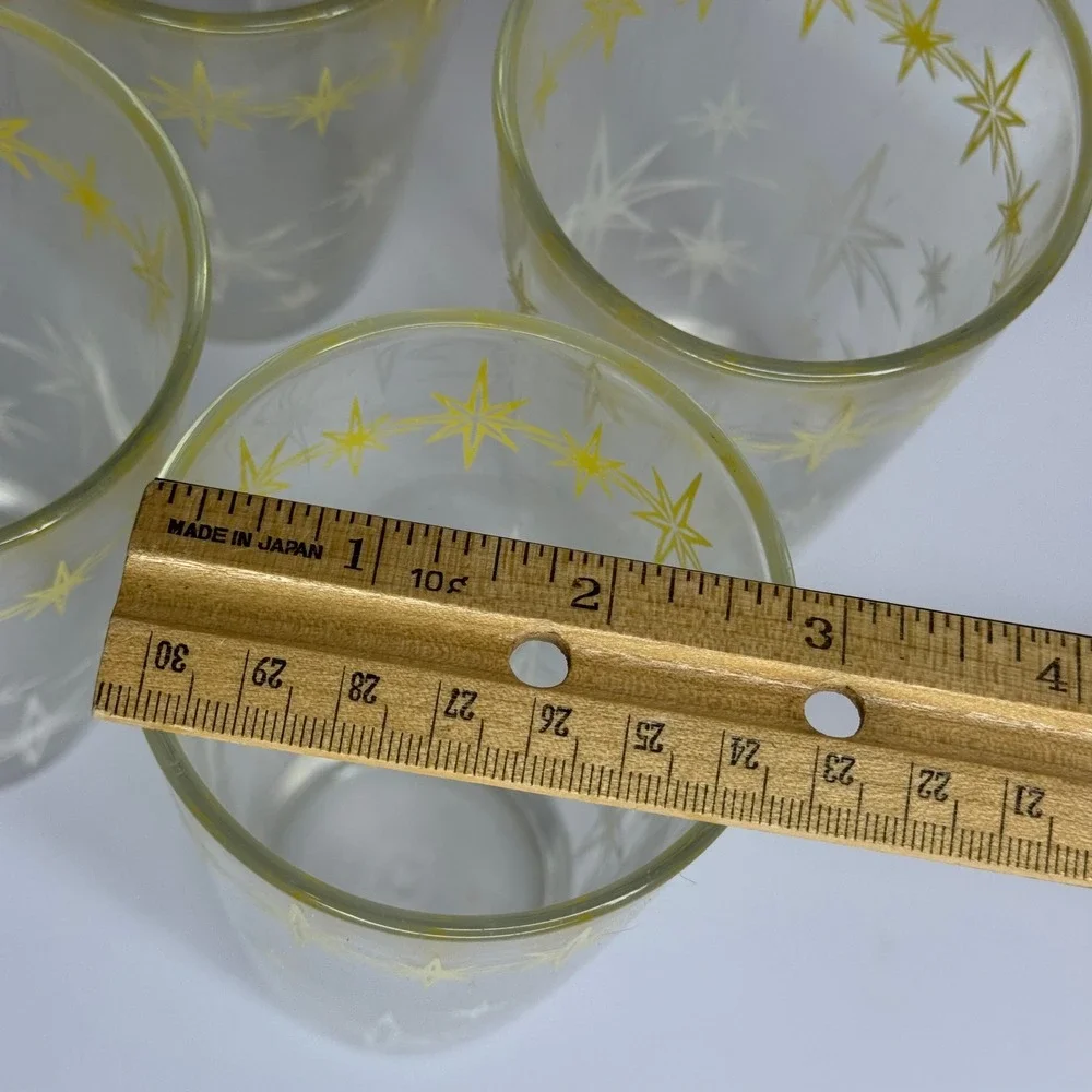 Vintage Hazel Atlas Starburst Glass Tumblers Set of 4 Yellow White Mid Century